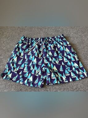 Tom & Teddy Navy Swim Trunks with Aqua and White Sailboat Print